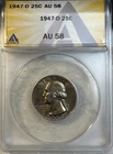 1947 - D Silver Washington Quarter 25 Cents ANACS Certified AU58 Toned Coin