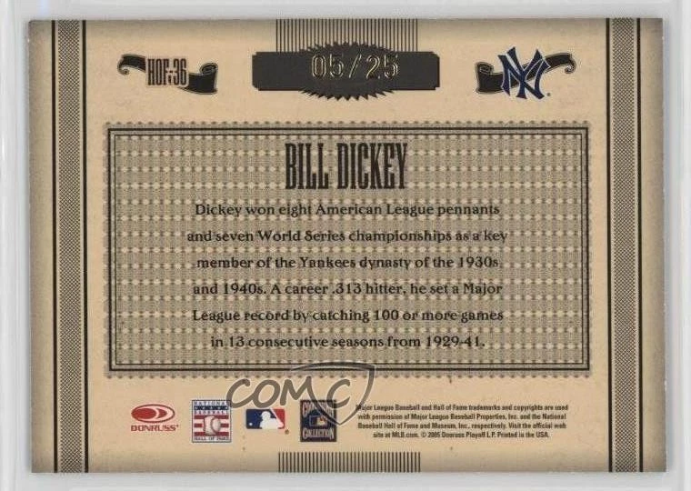 2005 Donruss Timeless Treasures Hall of Fame Gold /25 Bill Dickey #HOF-36 HOF - Image 2 of 2