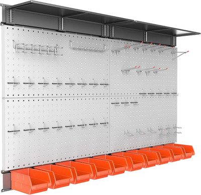 Metal Pegboard Tool Organizer with Hooks, Bins & Shelves - Grey