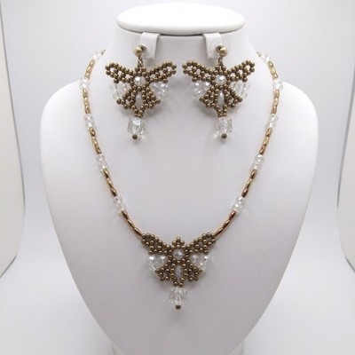 Antique Vintage Butterfly Crystal Restyled Brass Necklace Earrings Set