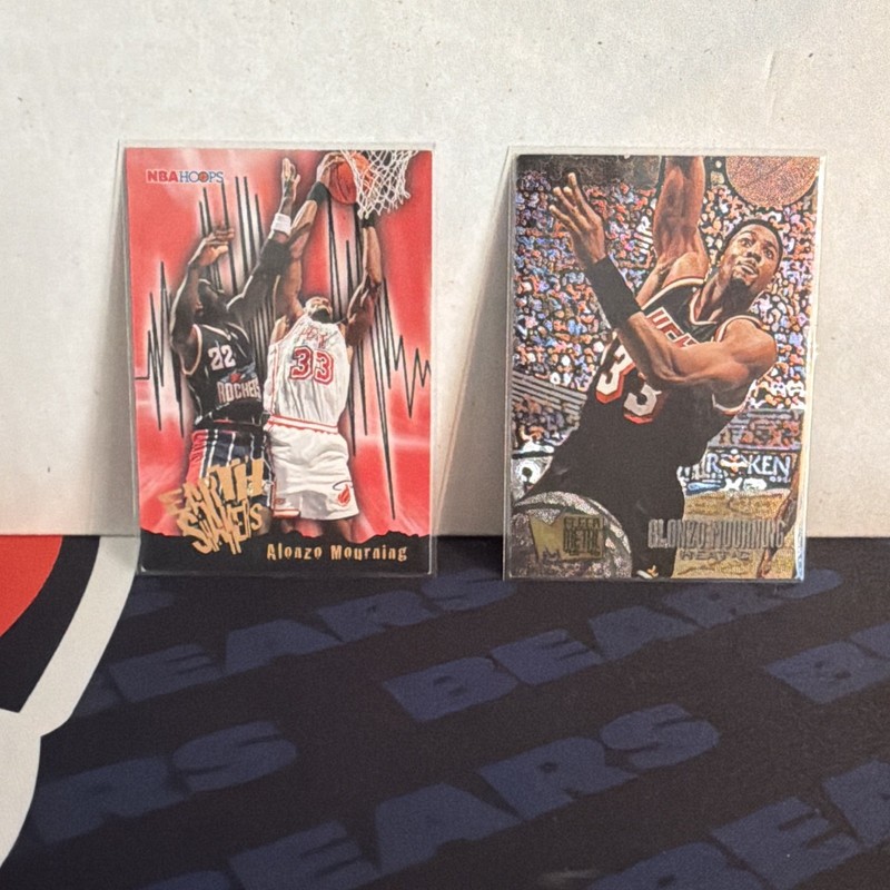 1996 Alonzo Mourning 2-Card Lot Fleer Metal, NBA hoops Earth Shakes Heat HOF 
