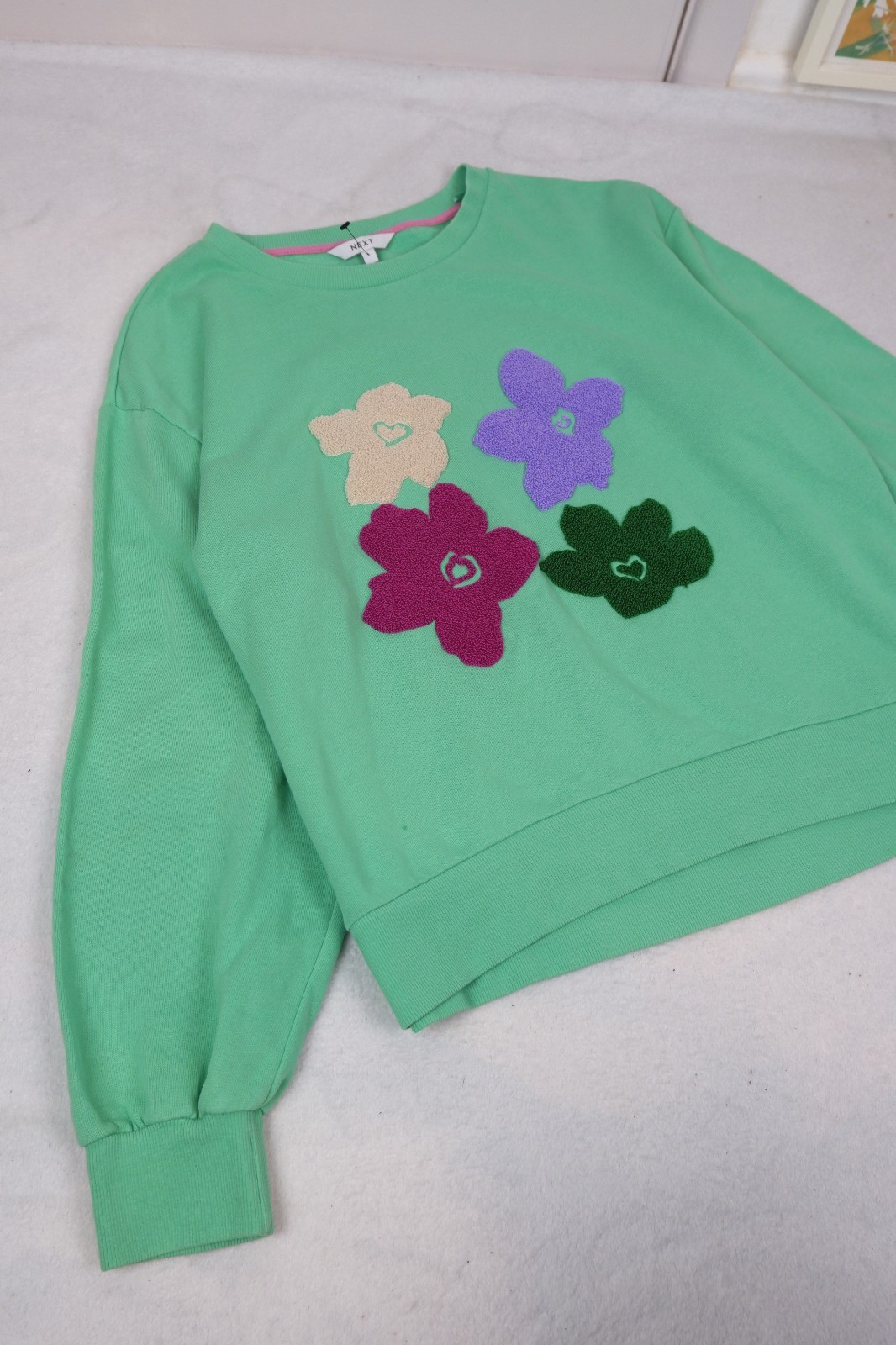 Patchwork Embroidered Daisy Flower green mint swe… - image 3