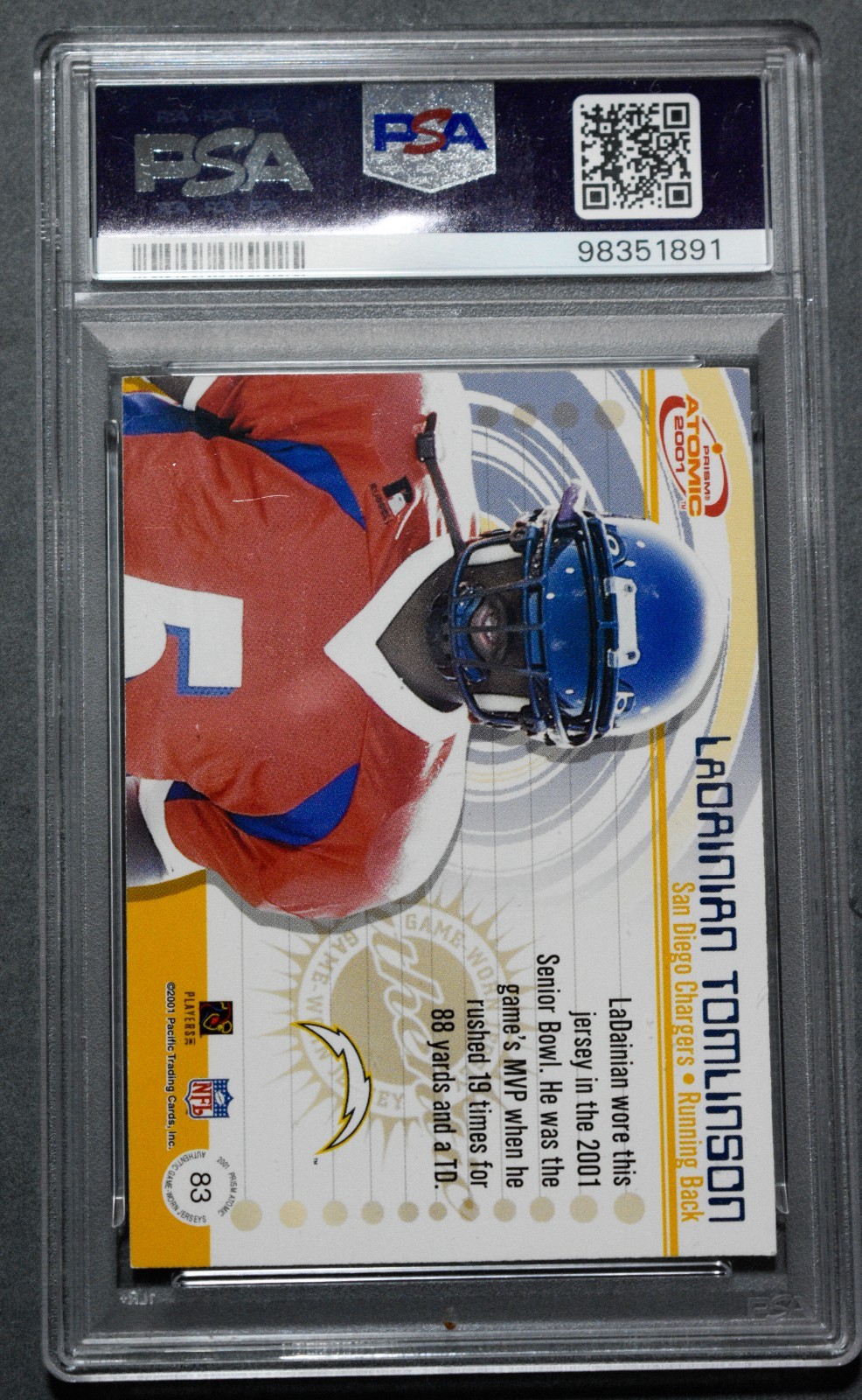 2001 Pacific Prism Atomic #83 Ladainian Tomlinson Rookie Game Worn Patch PSA 9 view 2