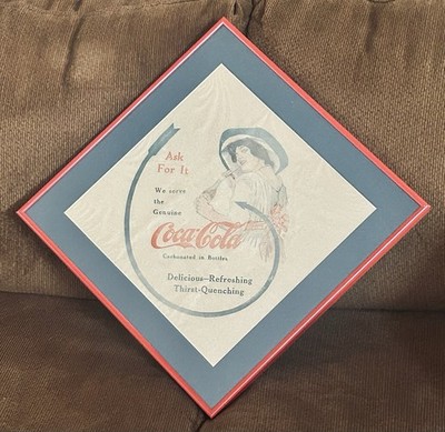 NICE 1912 COCA COLA RICE PAPER NAPKIN IN BEAUTIFUL MATTED FRAME - READY TO HANG