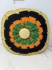 Vintage 70s Crochet Round/Circle Throw Pillow Green Orange Yellow Handmade 13"