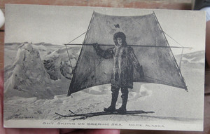 ANTIQUE ca 1910 WIND SKIING ON BEHRING SEA, NOME, ALASKA REAL PHOTO POSTCARD