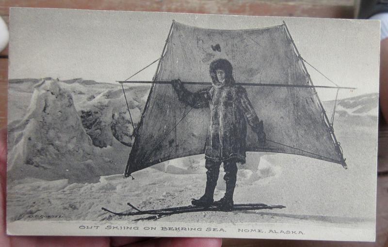 ANTIQUE ca 1910 WIND SKIING ON BEHRING SEA, NOME, ALASKA REAL PHOTO POSTCARD