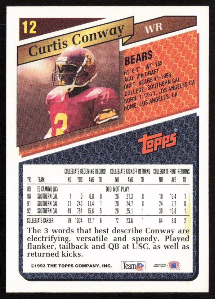 1993 Topps Curtis Conway #12 Rookie Chicago Bears - Image 2 of 2