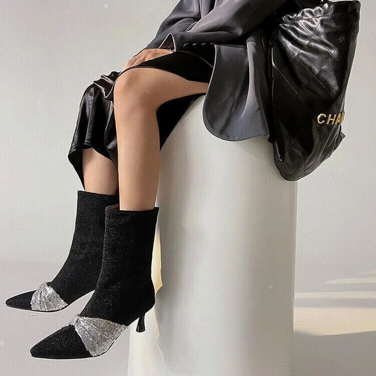 Para mujeres Vestido Fiesta Pull On Botines Lentejuelas Gatito Tacones Punta Zapatos Foto 3 de 4