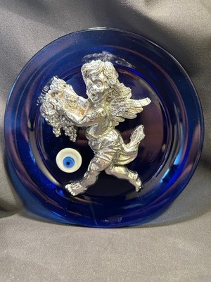 Pasabahce High-relief Silver Cherub Blue Glass Plate with Greek Evil Eye Amulet