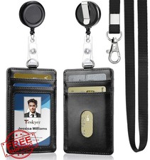 Teskyer PU Leather Badge Holder Lanyard Retractable Reel 4 Card Slots Black