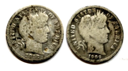 Lot of 2 United States Early Barber Silver Dimes 10C - 1909, 1916