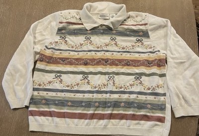 VTG Sweater 3D Embroidered Floral Stripe Sz XL Ivory Grandma Core Alfred Dunner