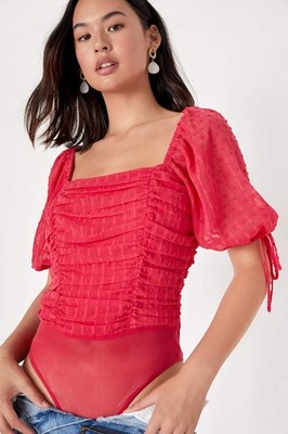 Lulus Bodysuit Medium Pink Think Of Me Swiss Dot Ruched
