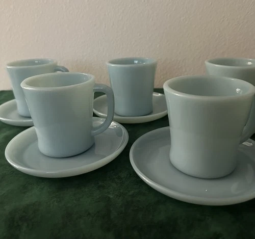 Set of 5 Vintage Fire King Blue Turquoise D Handle Coffee Mugs and Saucers USA
