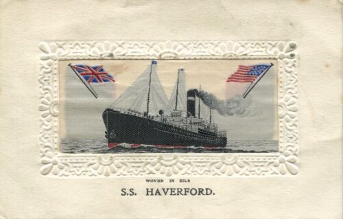 Scarce T.Stevens Stevengraph Silk Woven Postcard S.S. Haverford  (American Line) - Afbeelding 1 van 2