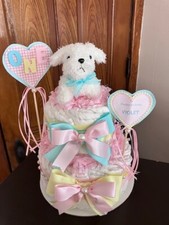Diaper cake--Pastel, puppy, personalized, FIRST BIRTHDAY, GIFT, CENTERPIECE