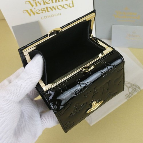 Vivienne Westwood Gamaguchi Trifold Wallet Black orb Enamel w/ card 9cmx11cmx3cm - Picture 6 of 7