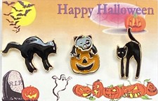 Halloween 3 Styles Black Cats Lapel Pins Set on Card Made in USA by OSC NEW