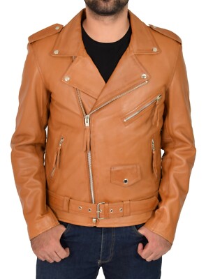 Herren hellbraune Leder Biker Jacke mit Gürtel tailliert klassisch Retro Brando Stil Mantel