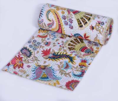 Indian Kantha Quilt Block Printed Kantha Blanket Cotton Kantha Bedspread Handmad