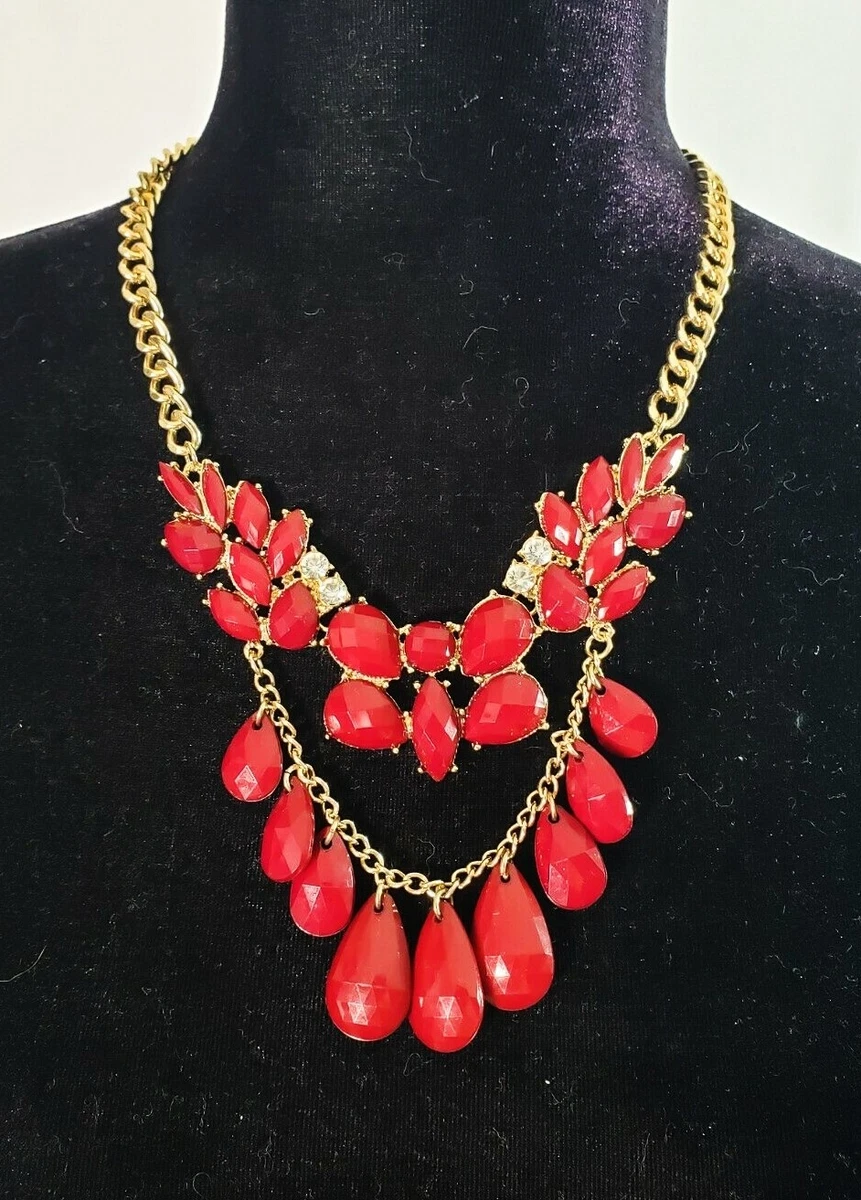Statement necklace choker and earrings set burgundy color gold color metal