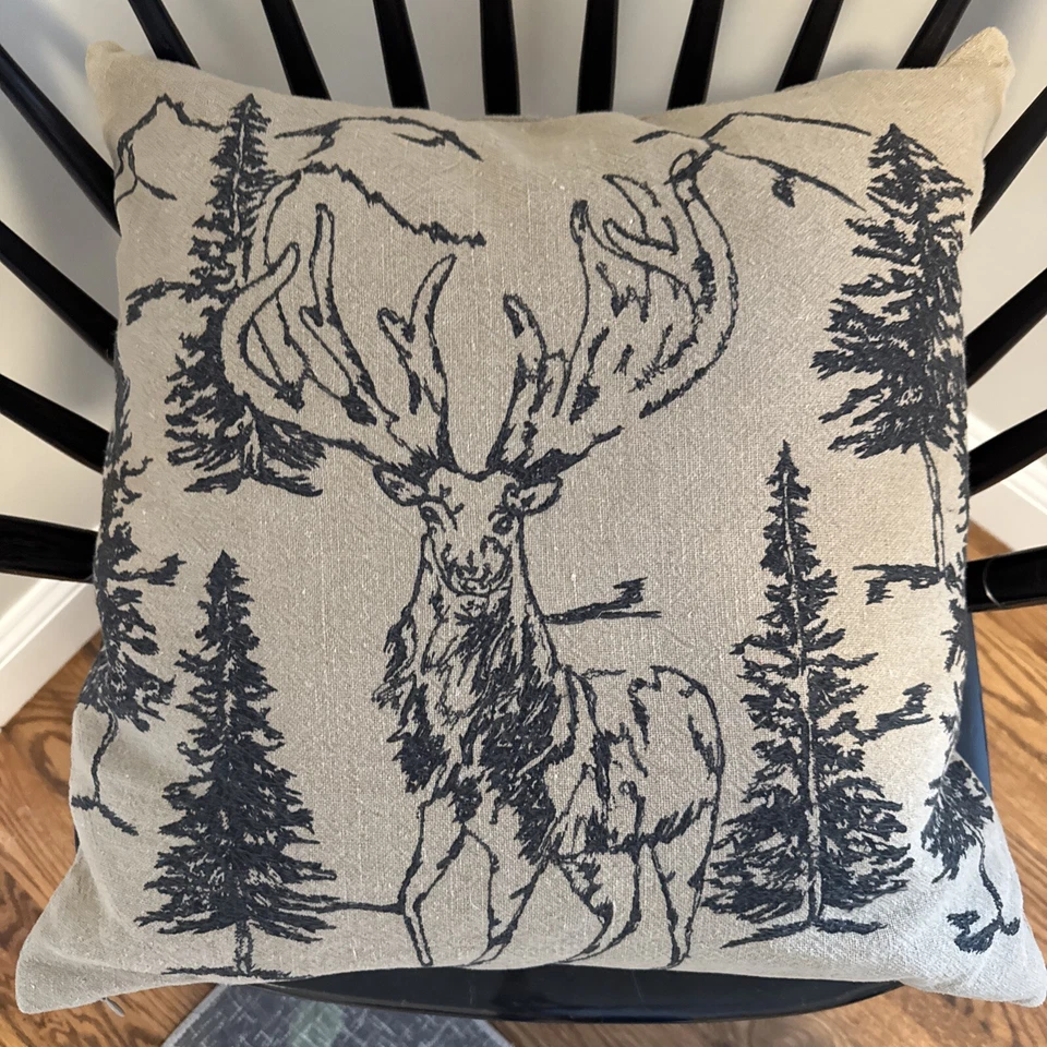 Pottery Barn 1 Conell Rustic Forest Elk Embroidered Pillow Insert Included - Image 2 of 4