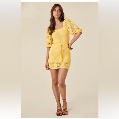 NEW Spell Let The Sunshine In Crochet Knit Mini Dress Short Sleeves Yellow M