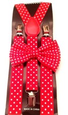 Red w/ White Polka Dot Bow Tie And Suspender Matching Set Tuxedo Wedding Party