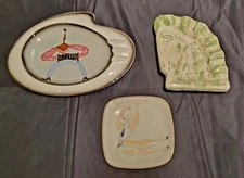 Vintage Modern Art Deco Set Of 3 Ceramic Ashtrays All Signed Mismatched 