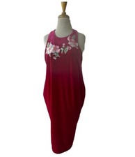 Vtg Red Velour Floral Embroidered House Dress Cocoon Sz M Pockets 90s