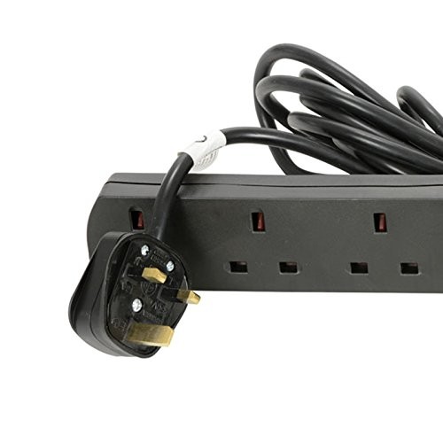 5m 4 Gang Black 13A UK Mains Socket Power Outlet Extension Lead with LED