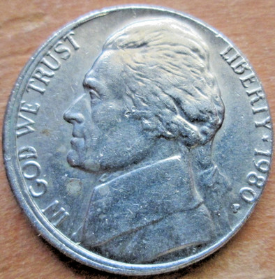 1980-P JEFFERSON, OBVERSE MIS-ALIGNED (MAD) ERROR, AU/MS, CIRCULATED