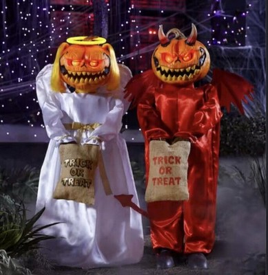 Home Accents Halloween Animated LED Good And Evil Pumpkin Twins 3 Ft NIB Retired