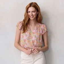 LC Lauren Conrad Tie Front Ruffled V-Neck Shell - Multi Mixy- Medium - New