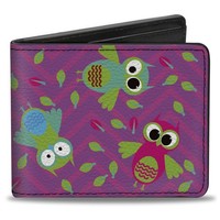 Bi-Fold Wallet Flying Owls W/Leaves Purple/Multi Color (Us Import)