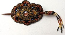Handcrafted Beaded Hair Barrette w Wooden Stick 4" X 2 3/4" Native inspired