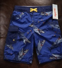 Cat Jack Boys Shark Print Swim Trunks Size S 6/7 Blue NWT Drawstring