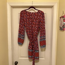 Loft Perite Tunic Dress Women’s, Red, Blue, & White with Floral Design, Medium