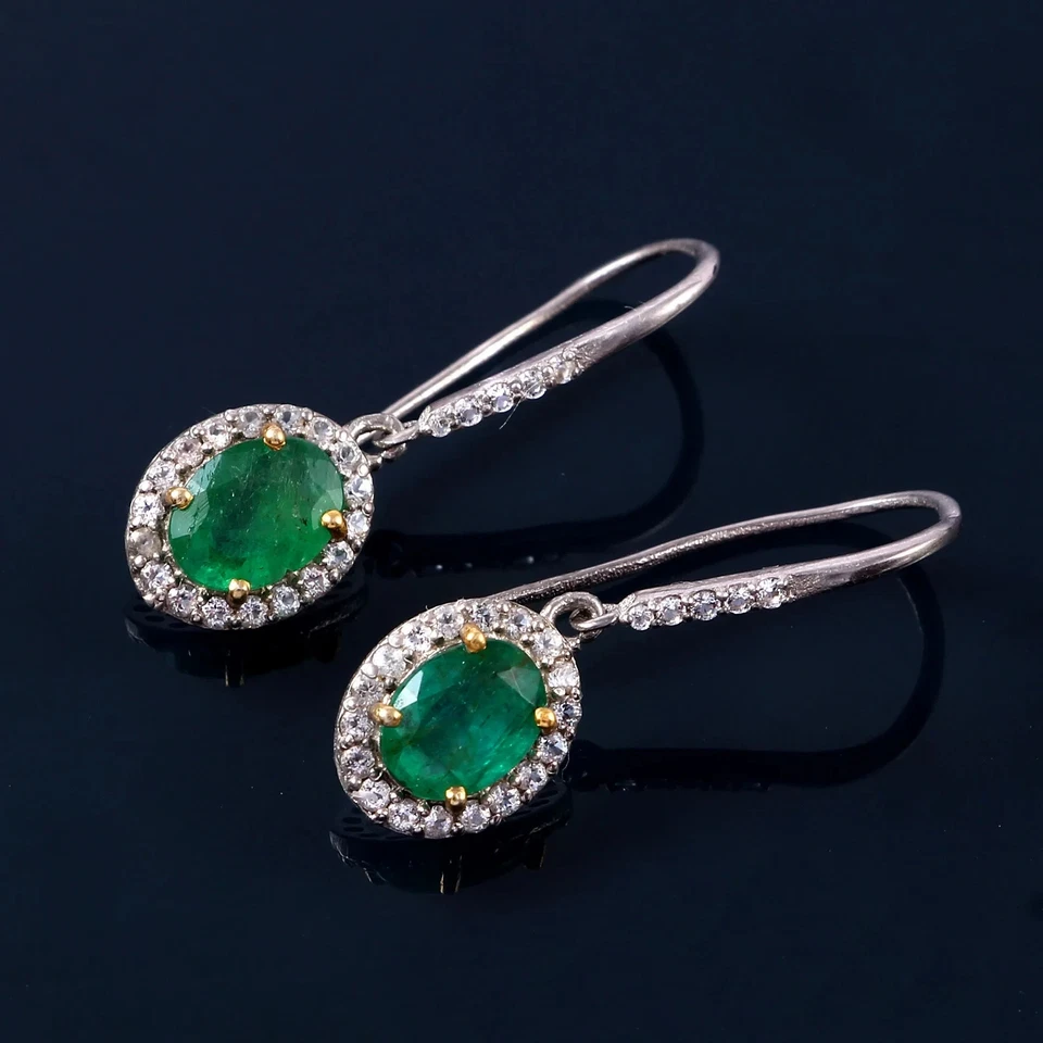 Brinco de ouro branco sólido 14K com esmeralda e diamante cultivado em laboratório verde natural da Zâmbia 74 - Imagem 2 de 2