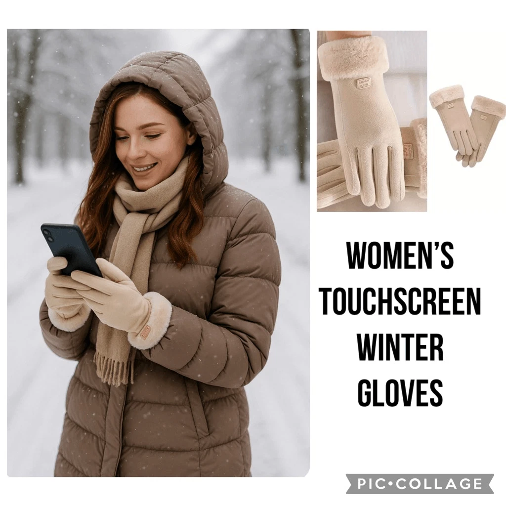 Women’s Beige Thermal Winter Gloves Faux Fur Cuff Touchscreen Compatible