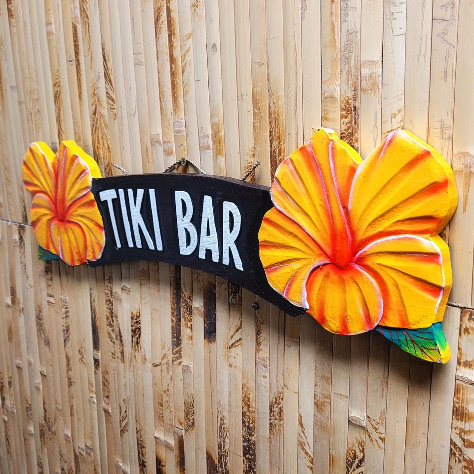 Letrero tropical de barra Tiki de 20" L amarillo decoración de pared de hibisco para cabaña Tiki Foto 4 de 4