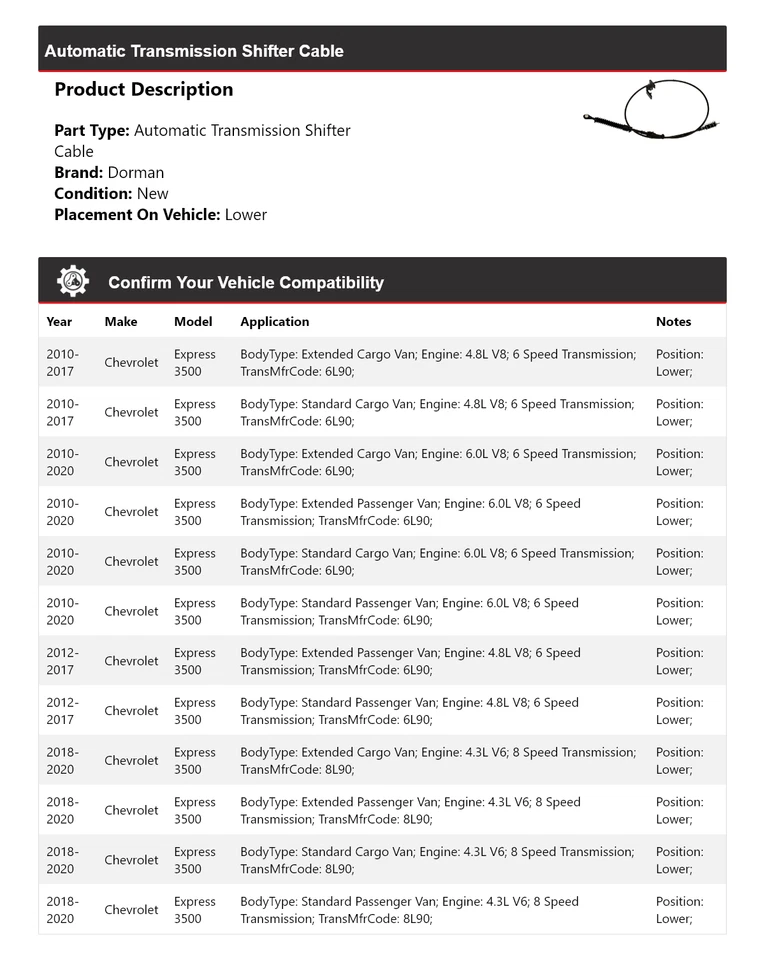 For 2010-2020 Chevrolet Express 3500 Dorman AT Shifter Cable Lower 2011 2012 - Image 2 of 4