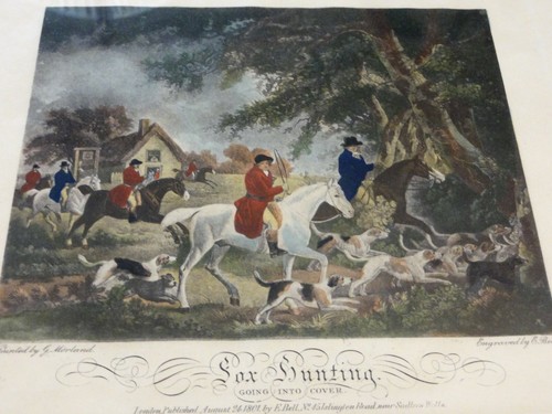 Antikes 4er Set handkolorierte gerahmte Gravuren - Morland und Glocke - Fuchsjagd - Bild 9 von 12
