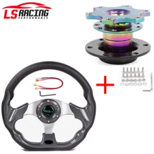 Universal 13" Black 6 Hole Steering Wheel w/Horn Button+Quick Release Adapter