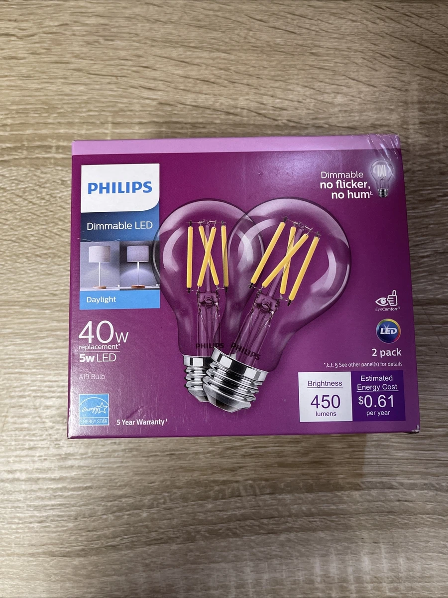 Philips 40W EQ A19 Dimmable Glass Indoor Outdoor LED Bulb Daylight 2 Pack