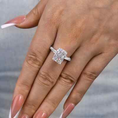 3.80 CTW Radiant Cut Certified Moissanite Wedding Ring In 14k White Gold Plated