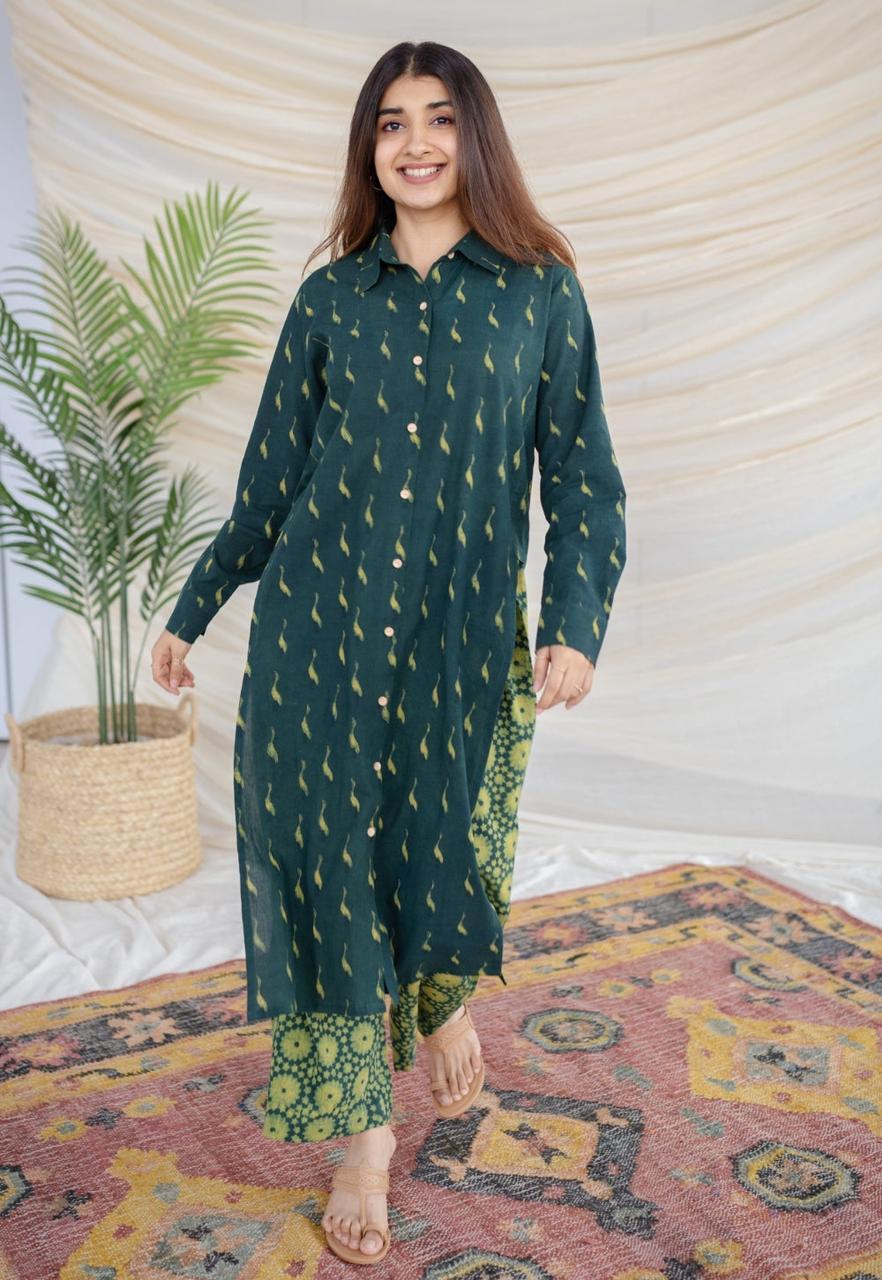 Algodón Hermoso Túnica Kurta Pantalón Set Indio Diseñador Ropa de Oficina Cable