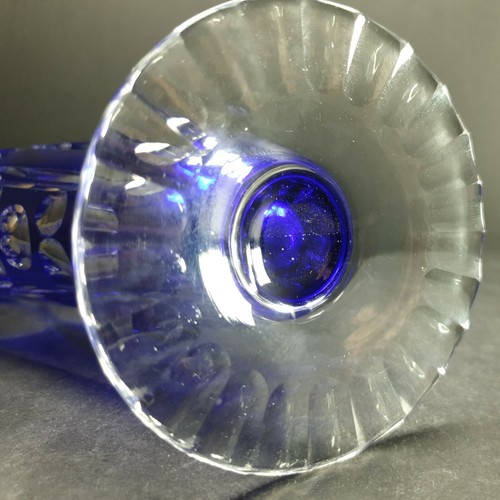 Lovely Rare Vintage Bohemian Hand Blown Blue Glass Cut To Clear Vase 8 1/4" - Picture 8 of 11