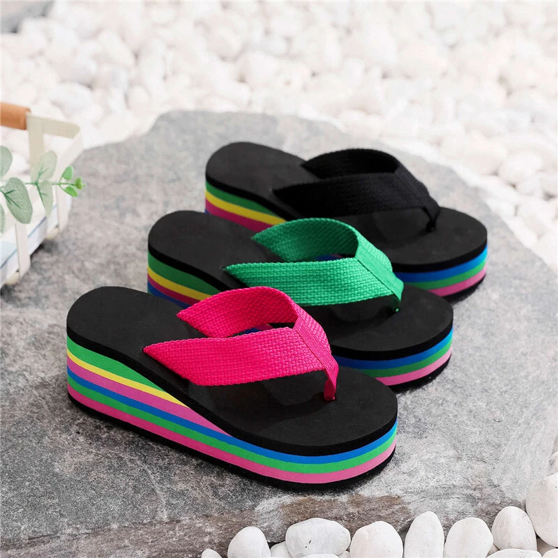 Slippers Flip-Flops Rainbow Sandals High Heels Colorful Casual Beach Women